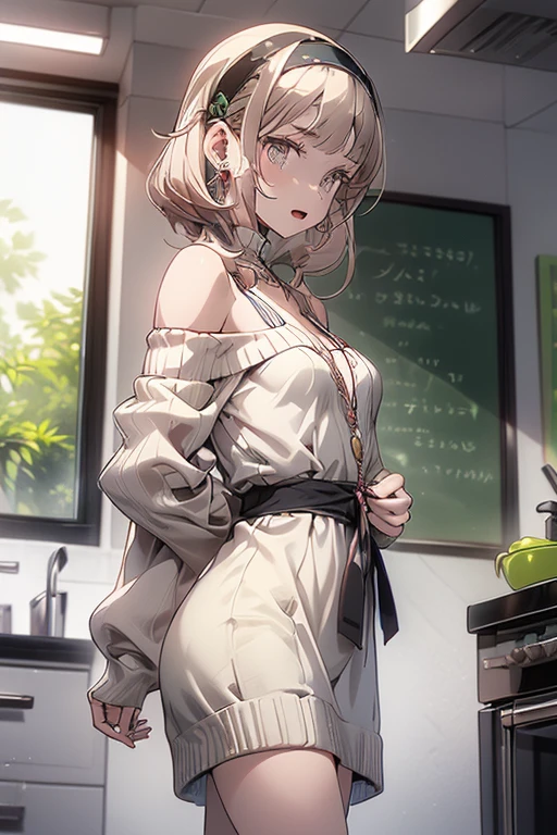 (small breasts:1.3), (perky chest:1.1), (pointed chest:1.0), (fashion magazine cover:1.3),(from below:1.0),(from side:0.9),masterpiece, 1girl, Amazing Cleavage:1.1, thin waist, big ass, Raised sexy, small breast: 1.3, posed cleavage:1.2、solo, looking at viewer, open mouth, have a cute grass of cute beergrass,black hair, dark green eyes, dress, bare shoulders, jewelry, collarbone, sidelocks, hairband, earrings, indoors, off shoulder, :o, sweater, arms behind back, plant, short hair with long locks, gild hairband, off-shoulder dress, sweater dress, off-shoulder sweater, red sweater, dark gord hair, big side hair, very long side hair,is rendered in (masterpiece: 1.2, best quality), with (ultra high resolution) and an exquisite (depth of field). This masterpiece is not only visually stunning but also tells,A scene of cooking in the kitchen by classroom