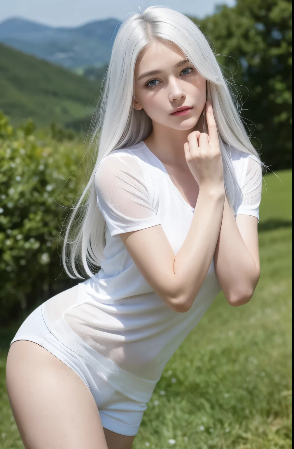 14Caucasian model at the age, Standing Photo above the knee,((Clean clothes)), white clothes, Natural light, Pretty Caucasian Woman, white hair, A sloppy smile, (8K, Live shooting, highest quality, masterpiece: 1.2), masterpiece, super detail, , High-definition RAW color photo, , , , , , highly detailed eyes, realistic skin texture, highly detailed fingers, very detailed nose, highly detailed mouth, , Photo above the knee, , See-through feeling、Transparent processing、wearing a sports uniform、, White hair, Blue eyes, masterpiece, realistic skin texture, , shiny hair and white skin, 、 natural skin texture, A young woman who looks like a girl, Photo above the knee、Blue eyes, 、lowered eyebrows, innocent face, Eyes that look gentle, natural skin texture, round face, Kind eyes, long and pure white beautiful hair、, small face, No decorations attached, white, drooping eyebrows, Mont Blanc, white, drooping eyebrows
