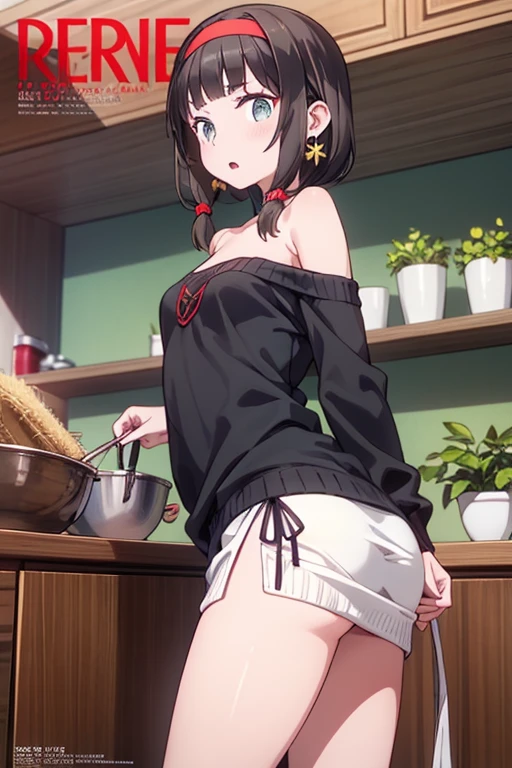 (small breasts:1.3), (perky chest:1.1), (pointed chest:1.0), (fashion magazine cover:1.3),(from below:1.0),(from side:0.9),masterpiece, 1girl, Amazing Cleavage:1.1, thin waist, big ass, Raised sexy, small breast: 1.3, posed cleavage:1.2、solo, looking at viewer, open mouth, have a cute grass of cute beergrass,black hair, dark green eyes, dress, bare shoulders, jewelry, collarbone, sidelocks, hairband, earrings, indoors, off shoulder, :o, sweater, arms behind back, plant, short hair with long locks, gild hairband, off-shoulder dress, sweater dress, off-shoulder sweater, red sweater, dark gord hair, big side hair, very long side hair,is rendered in (masterpiece: 1.2, best quality), with (ultra high resolution) and an exquisite (depth of field). This masterpiece is not only visually stunning but also tells,A scene of cooking in the kitchen by classroom