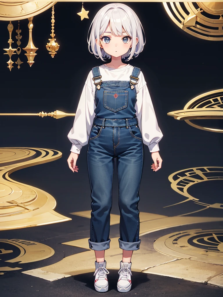 1girl,high-quality anime,highest quality、Masterpiece、Official Art、The best composition、Golden Ratio、Super detailed、ultra detailed,  blue and white hair color、Short bangs above eyebrows、Short Hair、Standing in front of the viewer、Pure white simple background、Denim overalls with long pants、vtuber-fullbody,