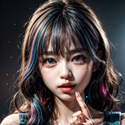 (highest quality,Super detailed,Physically Based Rendering:1.2), (RAW, Realistic, Photorealistic:1.37), (Acutance:0.85),Portraiture,Beautiful young woman with Delicate facial features,Soft lighting, ((Playfully licking finger with tongue, Gently placing a finger in the mouth)), (Close-up shot of sensual lips),Cheeks turn slightly red,A gentle and captivating gaze, cute BabyLike finger . Studio gray background, Light Particles, many blurred colorful Lights (dazzling bokeH) . BREAK . (((NOGIZAKA face variations)))  Extremely Detailed very KAWAII face variations, elaborate detailed Eyes with (sparkling highlights:1.2), (Voluminous long eyelashes:0.9)、Glossy RED Lips with beautiful details, Coquettish tongue, Rosy cheeks, Radiant PearlSkin with clear transparency, (Natural:0.7) Detailed FlawlessSkin with glowing DowneyHair . { (Dynamic LifeLike expressions:1.4) | :d) }, (large eyes:-1) . mouth_hold, { Pure White | Pink | blue | Red } hair color, 