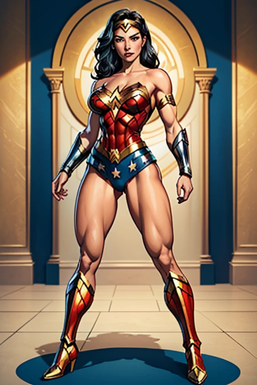 Natural Beauty,(Masterpiece),(Gina Carano),(Accurate Face Proportion),(Wonder Woman Tiara),(Low-cut Top Revealing Cleavage)(Classic Wonder Outfit(red, blue, golden and silver)), Vibrant colour tone,(Full Body View Visible),(Athletic Physique),(Wide Hips),(Toned Arms and Legs), Contemplative Stance with Emphasis on Buttocks: In a relaxed yet thoughtful pose, Wonder Woman’s tight suit outlines the natural curves of her body, focusing on the shape of her buttocks. Her hand on her chin and the other arm crossed over her chest further accentuate the snug fit, highlighting her athletic build.