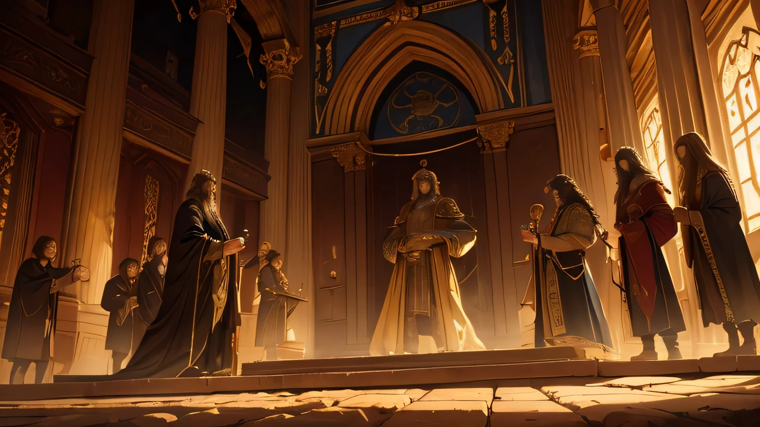 a young prophet daniel,king nebuchadnezzar,detailed biblical scene,intricately detailed historical painting,dramatic lighting,cinematic composition,moody chiaroscuro,renaissance style,ornate architectural background,rich color palette,dramatic poses,biblical figures,high contrast,realistic textures,masterful brushstrokes,oil painting