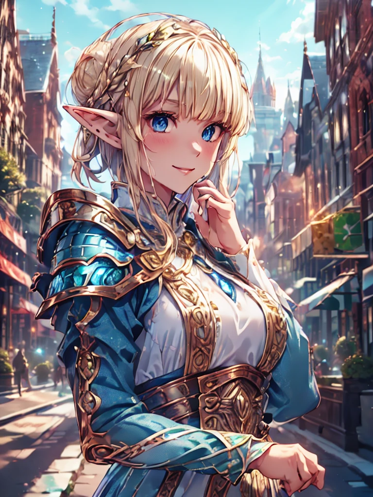 Very close、((Focus on the upper body))、16k、masterpiece、High resolution、High resolution、((1 young elven female))、((Beautiful white skin))、((Beautiful blonde))、Bun Head、short hair、((Beautiful Blue Eyes))、((Pointy Ears))、Smiling Kindly、smile、blush、Pink Lip Gloss、Shiny skin、((Wearing heavy emerald blue armor))、((Brick-built streetscape))、Courting me、((Put your hand on your cheek))