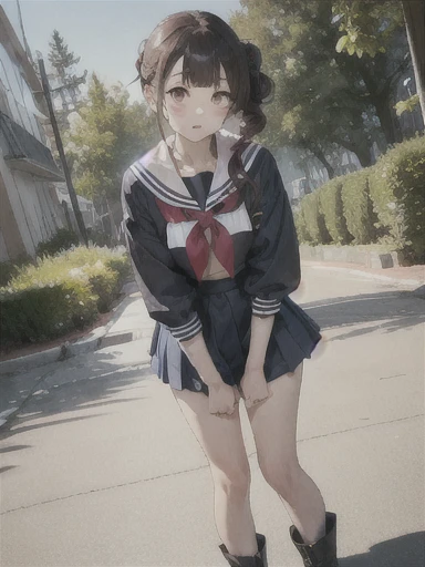 1 girl, Redhead, Updo, Facial hair stripes, Red eyes, mascara,  skirt, Sagging under the eyes, Are standing、 Ground angle shot, Viewers looking up, feet,  Impact, 8k, masterpiece,Thighs,color、Sailor suit、uniform、School