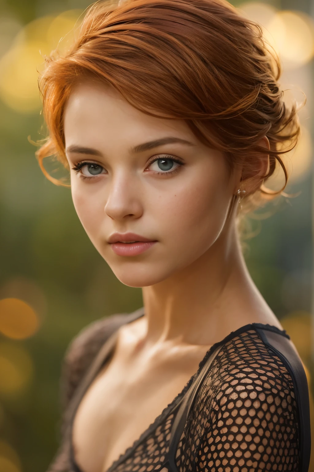 Masterpiece, a young 17 years old girl, redhead, cinematic, The portrait showcases a young redhead girl with a shy and innocent demeanor, blueish eyes, sensual face, subtle freckles, big lips, small perky breasts, small ass, , she is wearing a tight mini low cut miniskirt and a sexy lacy bra, navel, Her hair is styled sleek and straight, elegantly framing her face with adorable short hair .Her face is illuminated by gentle lighting, highlighting her delicate features. The girl's eyes sparkle with a hint of curiosity and her lips form a subtle, shy smile. The background consists of a ourtoor nature autum scenery muted and warm-toned setting, providing a calm and serene atmosphere. The composition focuses on the girl's face, capturing the intricate details of her flawless white skin, The overall image exudes a sense of tranquility and captures the beauty and gentleness of youth