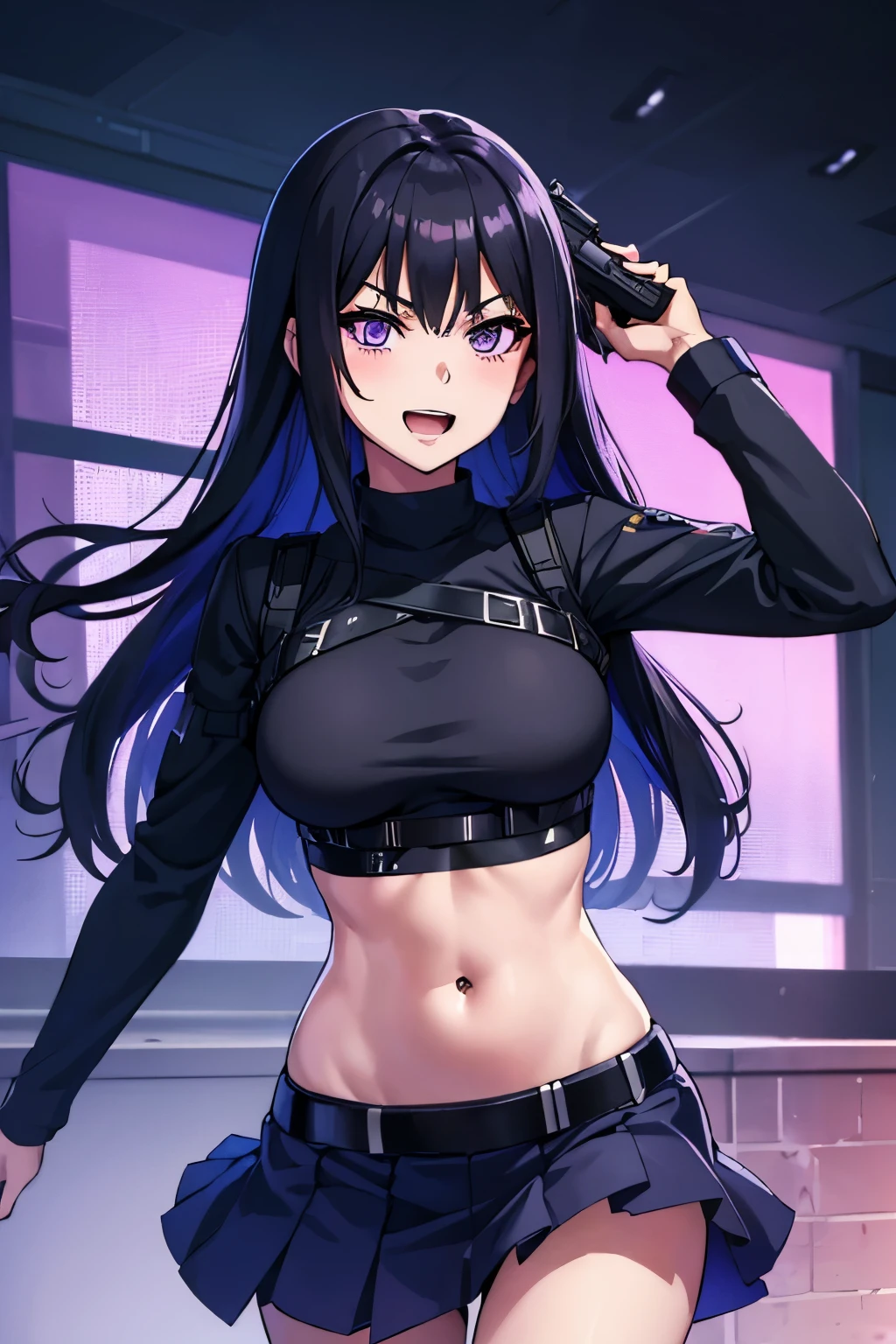 saorijoumae, saori joumae, purple eyes, black hair, long hair,
blush, lipstick, masterpiece, best quality, highly detailed, a anime girls in sailor uniforms with a gun posing for a picture,
evil smile, smile, open mouth,black_serafuku, ecchi anime style, anime girls , 
ecchi style, ecchi, shipgirls, digital anime art!!, high school girls, holding a gun, hold a gun, anime style 4
k, micro skirt, exposed belly, exposed navel, exposed midriff,
exposed lower belly,school, classroom, navel piercing