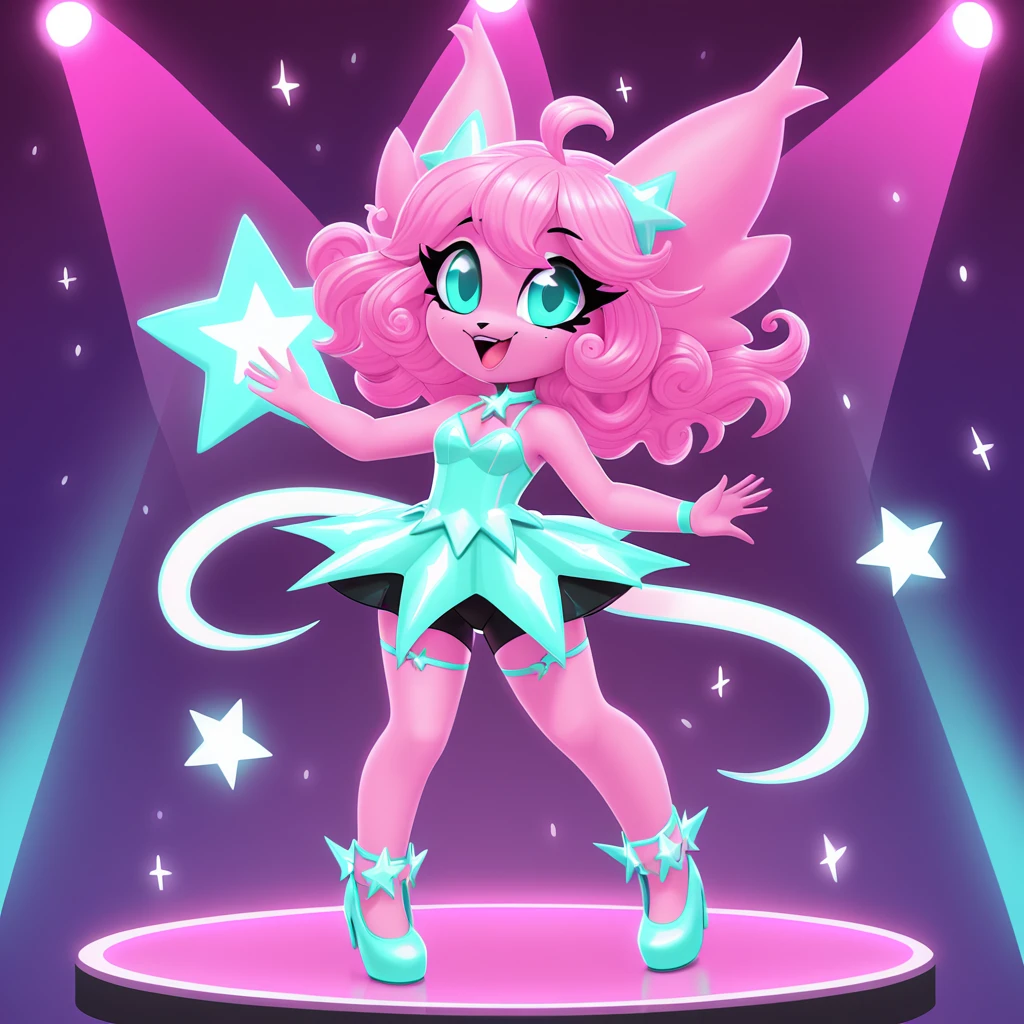 A Pixie monster girl with pink fur curly pink hair pink cat-like ears with black fur inside and huge teal eyes She loves to sing and dance and is very mischievous dressed in popstar outfit on a stage
