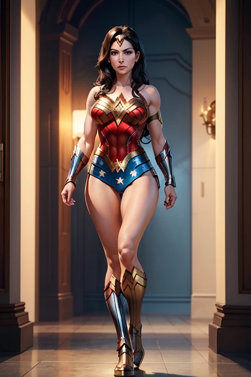 Natural Beauty,(Masterpiece),(Gina Carano),(Accurate Face Proportion),(Wonder Woman Tiara),(Low-cut Top Revealing Cleavage)(Classic Wonder Outfit(red, blue, golden and silver)), Vibrant colour tone,(Full Body View Visible),(Athletic Physique),(Wide Hips),(Toned Arms and Legs), Contemplative Stance with Emphasis on Buttocks: In a relaxed yet thoughtful pose, Wonder Woman’s tight suit outlines the natural curves of her body, focusing on the shape of her buttocks. Her hand on her chin and the other arm crossed over her chest further accentuate the snug fit, highlighting her athletic build.