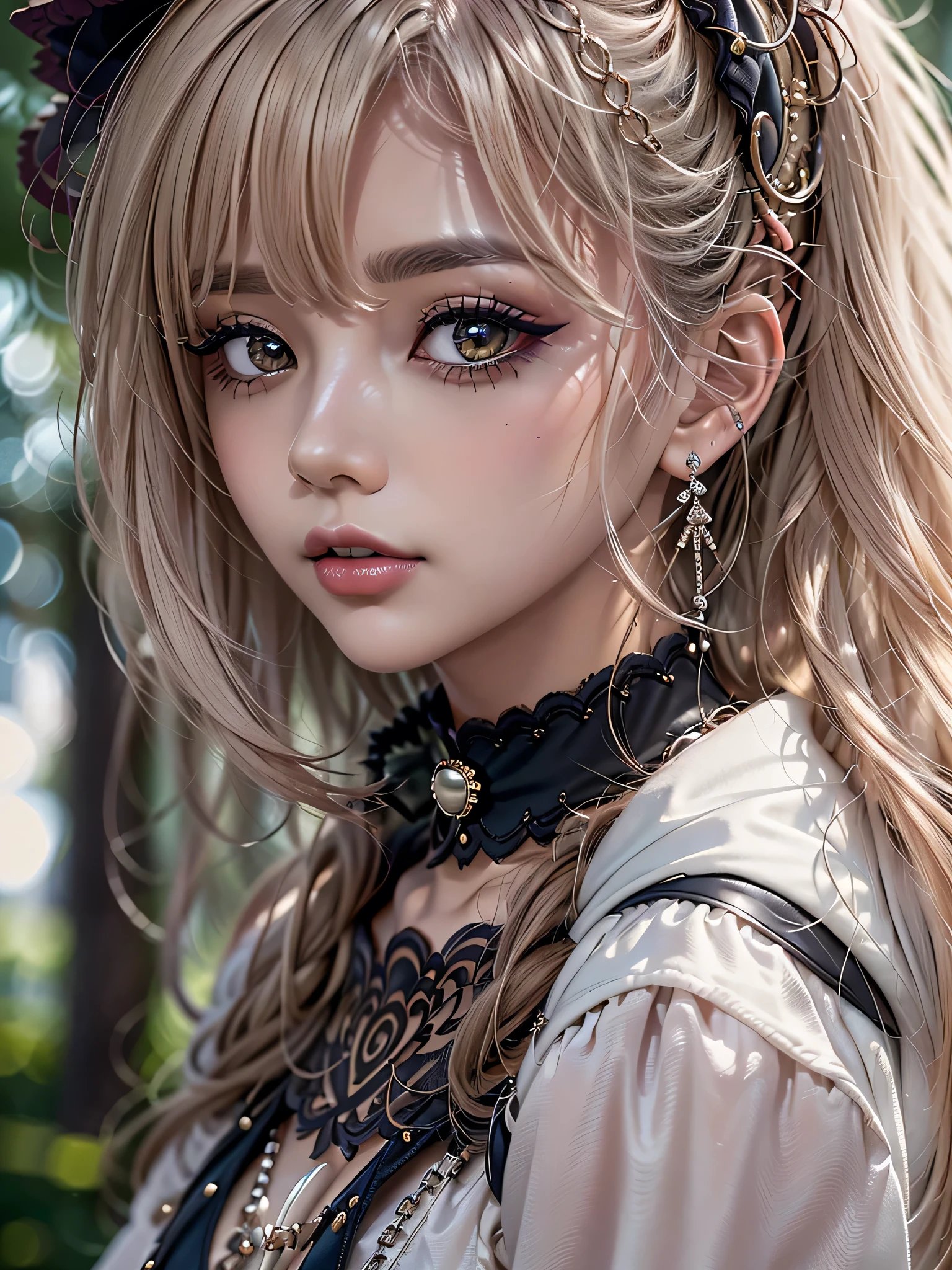 photorealistic Realism 32K Quality, (Hyper absurd quality, extremely detailed detail, hyper resolution, clear sharp focus, not blurry, (Realistic brown_eyes:1.25)), ((perfect dark_eyeshadows:1.45)), (super Detailed, beautiful little nose:1.2), (perfect composition), (upper body shot), ((close up of her face)), beautiful cheekbones, double eyelids, dslr, best high quality soft lighting, sharp focus captured by Fujifilm XT3, f 5.6, in a dramatic lighting, ((perfect composition)), ((pale skin)), ((dry skin)), sexy stylish Swedish model, only 1 female, ((doll-like appearance)), long pink stylish hair, (big smile), ((sexy Punk ta cosplay)), unconventional skirt, petticoats, high neckline, (ultra details lace), (ultra details embroidery), extremely detailed detail, (tartan patterns, (chains), (spikes), (safety pins), Punk Loliccessoires, Punk Lolita cr), ((large sparkling Punk Lolita jewel, cinematic light, detailed large park background with trees