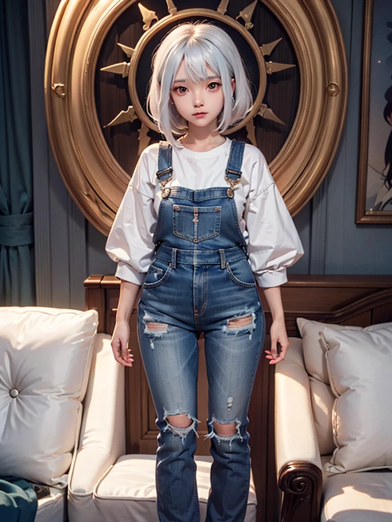 1girl,high-quality anime,highest quality、Masterpiece、Official Art、The best composition、Golden Ratio、Super detailed、ultra detailed,  blue and white hair color、Short bangs above eyebrows、Short Hair、Standing in front of the viewer、Pure white simple background、Denim overalls、vtuber-fullbody,