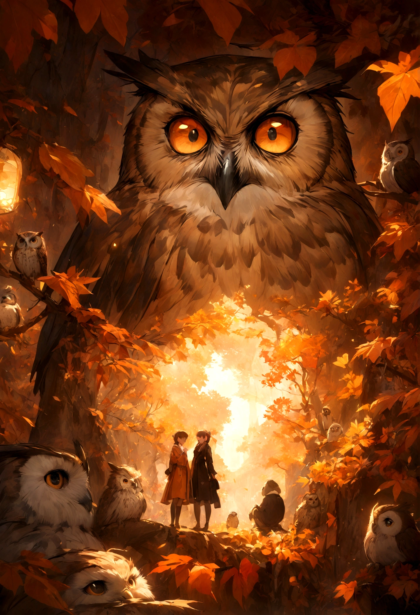 a cute owl conversing with a mischievous monkey, highly detailed, intricate background, warm autumn colors, cinematic lighting, elegant composition, digital art, masterpiece