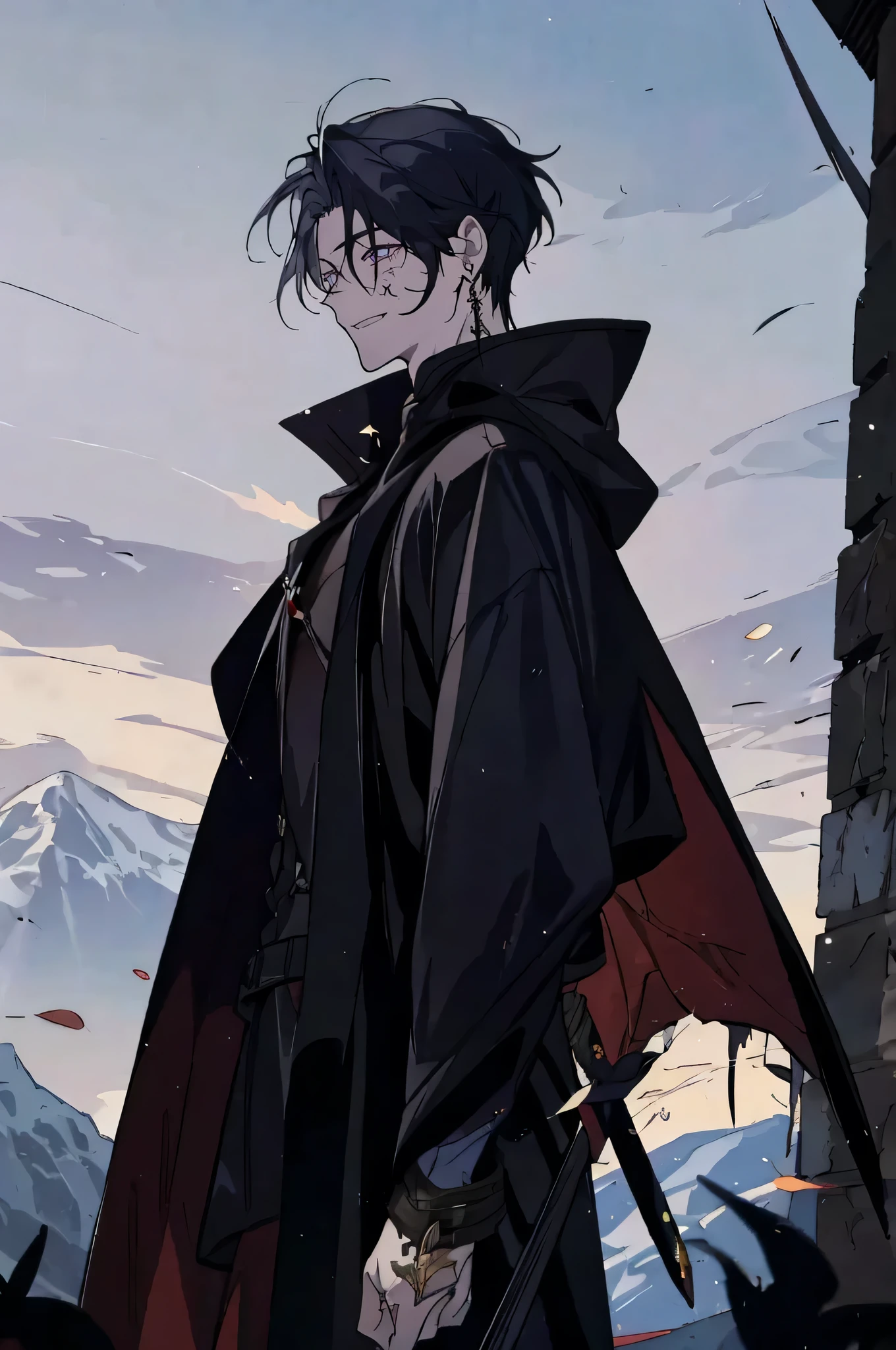 Elf ear,1 man,black hair, tall 174, villian smile face, black tattoo, earing, longhair, monk
