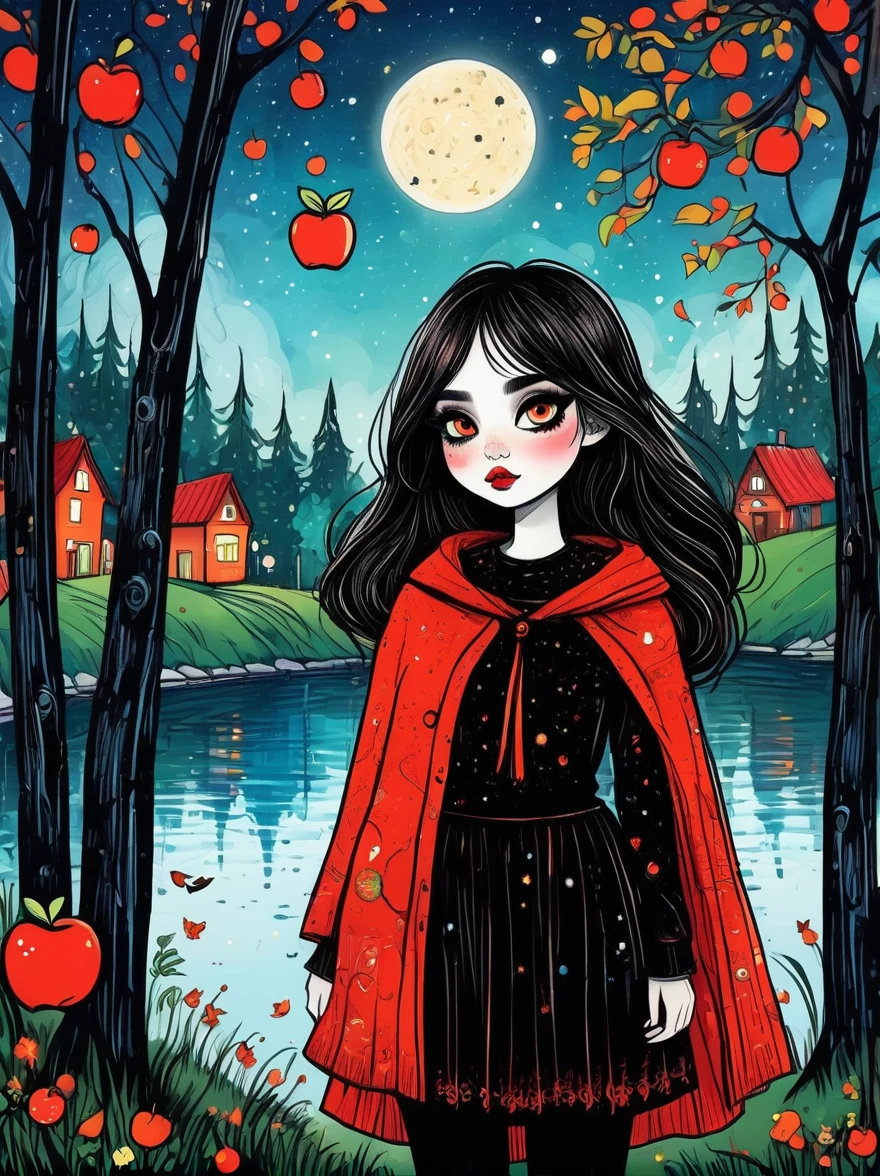 Cartoon hand drawn, 1girl, solo, Cute young attractive girl,Strong Gothic makeup, A village by the lake with a birch forest and an apple orchard,Starry nights,Gloomy and foggy atmosphere,The cute absurdity、The attraction and rejection of extraordinary appearance,Magical naive art,Bright blue and green,The color palette is in red, orange and black tones and has a sketchy style, The background should have a simple hand-drawn doodle pattern, 1shxx1