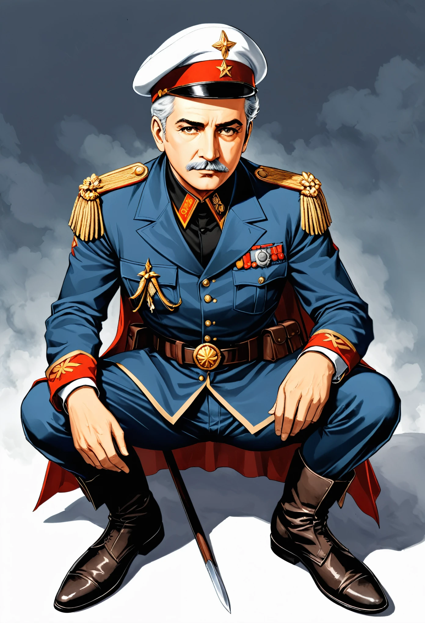 Make a picture of an RPG character following these descriptions: Nome do Personagem: Alexei Nikolaev
Idade: 56 anos
Altura: 1,77
Peso: 76
Cor dos Olhos: azuis
Cor do Cabelo: grisalhos, uma vez castanhos claro
Marcas Distintivas: Uma grande cicatriz de queimadura na perna esquerda, in addition to his expression marks due to his age Posture: manco da perna esquerda, mas de postura ereta, as vezes um pouco curvada
Vestimenta: roupas de aristocrata, coat, camisa social, pants, Chelsea boots and her gray beret Psychological Description: Traumatized after experiencing two world wars, ansioso e
paranoico
Personalidade: He is reserved, cynical and extremely practical. Don&#39;t hesitate to do whatever is necessary to accomplish your tasks. Is suspicious and has difficulty trusting people. Alexei is sarcastic, determinado, sometimes arrogant, impatient and methodical. He doesn&#39;t let himself get down easily and is always trying to stay ahead of people.. Loneliness makes you prefer to work alone, and his resilience allows him to overcome any difficulty.
Alexei is extremely loyal and is unlikely to abandon anyone.
Medos: Medo de falhar, de qualquer modo, in any place and circumstance, even more so if this failure causes harm to people. Medo de uma nova guerra em escala global,
agora com o poder nuclear envolvido
Relacionamentos: His ex-wife Olga and her brother Nikolai Behavior under pressure: Age de forma veloz, muitas vezes desordenada e
descuidada
Defeitos: Impaciente, often arrogant and convinced that he can do no wrong Nationality: Soviet/Russo
Durante a Guerra Fria, national affiliation was a crucial aspect of identity. Your character is from the United States, of the Soviet Union or another country involved in the conflict?
Occupation: Physicist and teacher, formerly a KGB spy