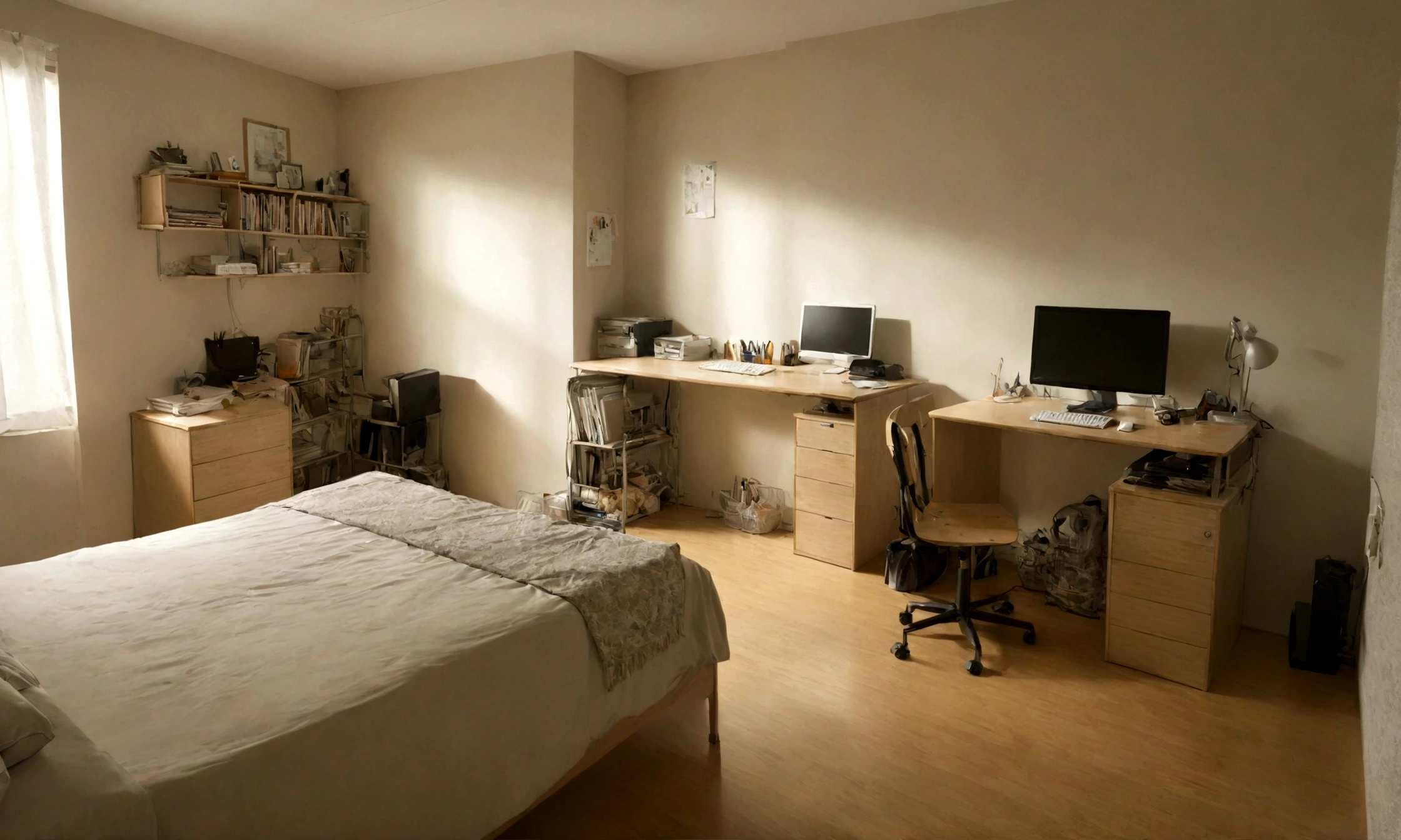 Simple teenager's bedroom with neutral colors, bed, study desk, and a computer, dim lights --ar 16:9