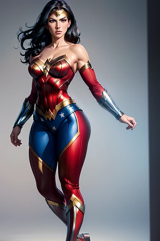 Natural Beauty,(Masterpiece),(Gina Carano),(Accurate Face Proportion),(Wonder Woman Tiara),(Low-cut Top)(Classic Wonder Outfit(red, blue, golden and silver)), Vibrant colour tone,(Full Body View Visible),(Athletic Physique),(Wide Hips),(Toned Arms and Legs), Regal Posture with Focus on Buttocks: Standing elegantly with one foot slightly in front of the other, the tight suit clings to Wonder Woman’s body, highlighting the curves of her hips and the shape of her buttocks. The suit's fit emphasizes her graceful yet powerful form, with the smooth lines accentuating her posture.