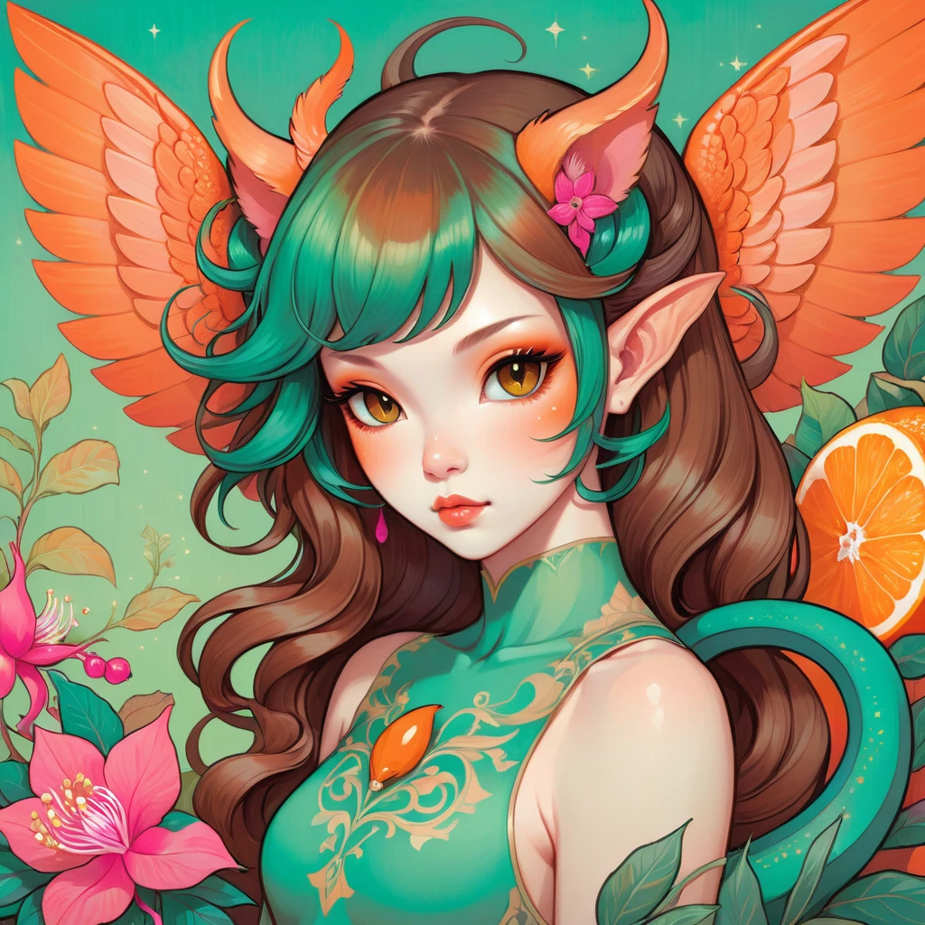 Chimera with orange-brown teal fuchsia and bright-green color palette with background in audrey kawasaki art style
