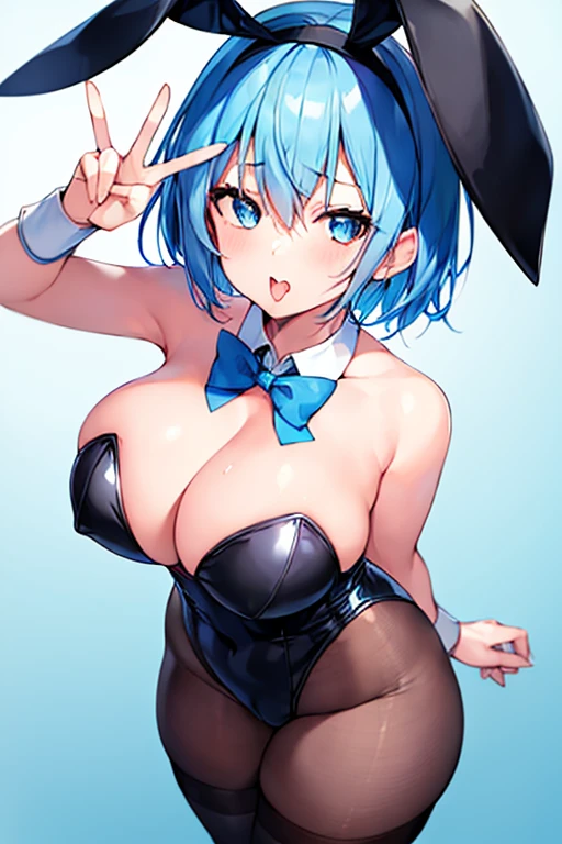 1girl, blue hair, light blue hair, very short hair, blue eyes, looking up, drooling, ahegao, ahe gao, tongue out, huge breasts, thick thighs, bunny ears, pantyhose, black pantyhose, bunnysuit, black leotard, red bowtie, standing, v, double v, peace sign, open mouth, ((looking up))