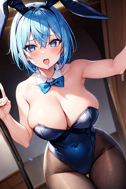 1girl, blue hair, light blue hair, very short hair, blue eyes, looking up, drooling, ahegao, ahe gao, tongue out, huge breasts, thick thighs, bunny ears, pantyhose, black pantyhose, bunnysuit, black leotard, red bowtie, standing, v, double v, peace sign, open mouth, ((looking up))