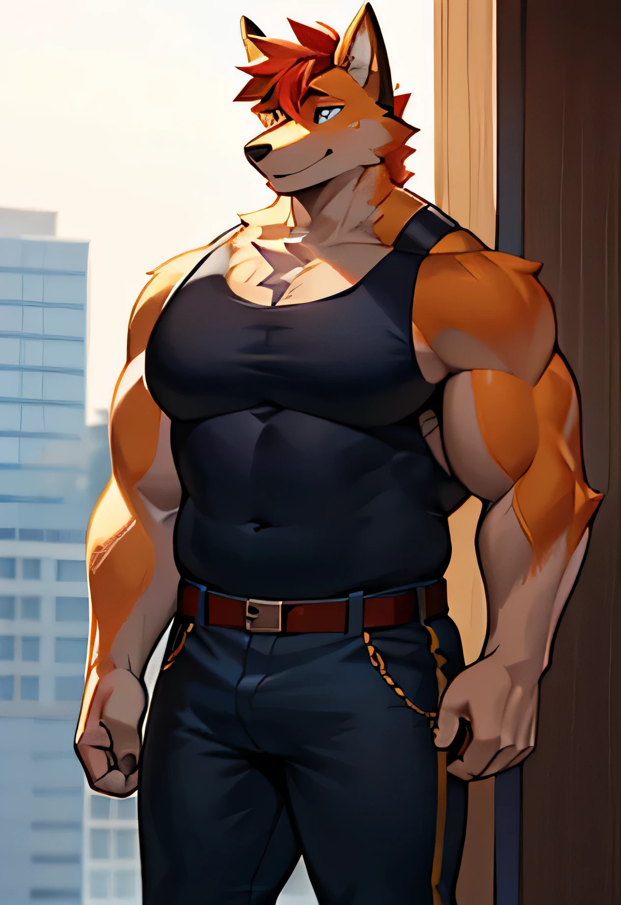 (Furry art,Uploaded on e621:1.4),(tmasterpiece:1.3),(best qualtiy:1.2),(2D:1.0),(illustratio:1.0),(Sharp:1.2),(Light_environment),(Pubic area is clear,Shiny:0.8),(impasto:1.1),(ultra - detailed:1.0)(1boys,Solo exhibition),(shaggy:1.6),(doggy:1.2),(Robust)(Tall)(strong)(shorter pants)(Be red in the face)(is shy)(male people)(The large)(Handsome)(strong)(big)(hyper muscle) (huge body)