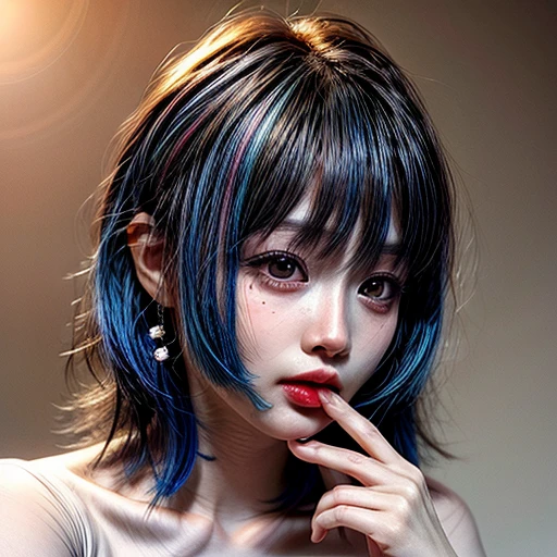(highest quality,Super detailed,Physically Based Rendering:1.2), (RAW, Realistic, Photorealistic:1.37), (Acutance:0.85),Portraiture,Beautiful young woman with Delicate facial features,Soft lighting, ((Playfully licking finger with tongue, Gently placing a finger in the mouth)), (Close-up shot of sensual lips),Cheeks turn slightly red,A gentle and captivating gaze, cute BabyLike finger . Studio gray background, Light Particles, many blurred colorful Lights (dazzling bokeH) . BREAK . (((NOGIZAKA face variations))) Extremely Detailed very KAWAII face variations, elaborate detailed Eyes with (sparkling highlights:1.2), (Voluminous long eyelashes:0.9)、Glossy RED Lips with beautiful details, Coquettish tongue, Rosy cheeks, Radiant PearlSkin with clear transparency, (Natural:0.7) Detailed FlawlessSkin with glowing DowneyHair . { (Dynamic LifeLike expressions:1.4) | :d) }, (large eyes:-1) . mouth_hold, { PureWhitehair | PinkHair | BlueHair | RedHair },