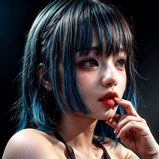 (highest quality,Super detailed,Physically Based Rendering:1.2), (RAW, Realistic, Photorealistic:1.37), (Acutance:0.85),Portraiture,Beautiful young woman with Delicate facial features,Soft lighting, ((Playfully licking finger with tongue, Gently placing a finger in the mouth)), (Close-up shot of sensual lips),Cheeks turn slightly red,A gentle and captivating gaze, cute Like finger . Studio gray background, Light Particles, many blurred colorful Lights (dazzling bokeH) . BREAK . (((NOGIZAKA face variations))) Extremely Detailed very KAWAII face variations, elaborate detailed Eyes with (sparkling highlights:1.2), (Voluminous long eyelashes:0.9)、Glossy RED Lips with beautiful details, Coquettish tongue, Rosy cheeks, Radiant PearlSkin with clear transparency, (Natural:0.7) Detailed FlawlessSkin with glowing DowneyHair . { (Dynamic LifeLike expressions:1.4) | :d) }, (large eyes:-1) . mouth_hold, { PureWhitehair | PinkHair | BlueHair | RedHair },