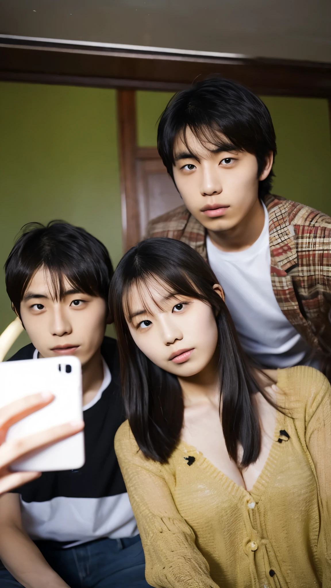 Hina Kikuchi taking a selfie with a young man with a black center part, Private Server, Love hotel interior, Himena Kikuchi taking a photo with a young man with slightly long hair