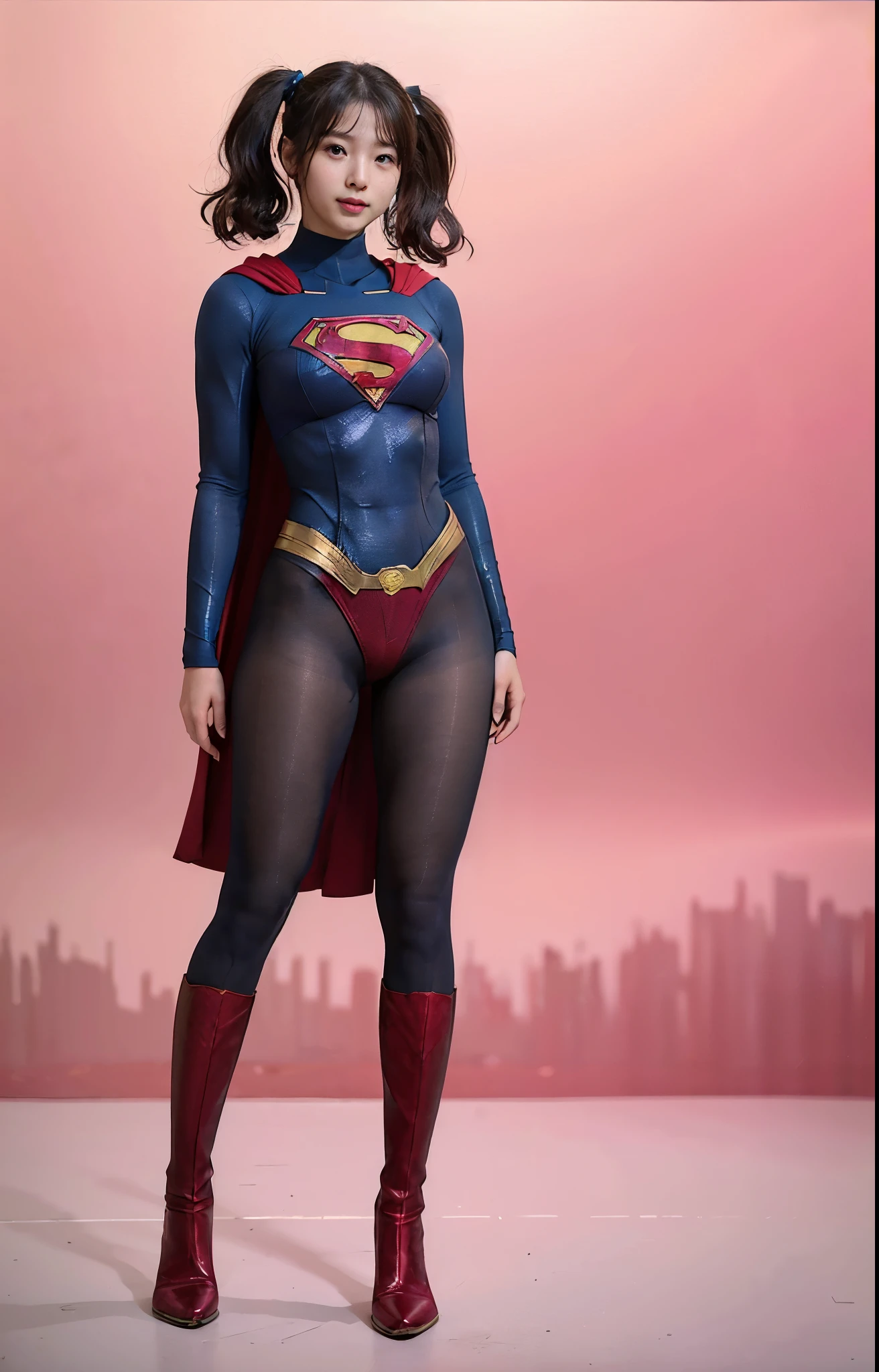 No background、(((Beautiful legs in black tights.)))、(((Legally express the beauty of your smile)))、((((Make the most of your original images)))、(((Body-hugging Supergirl costume)))、(((Supergirl Costume)))、(((Beautiful hair with twin tails)))、(((suffering)))、(((Please wear black tights....、Wear red boots)))、((Best image quality、8k))、((highest quality、8k、masterpiece:1.3))、(((Preserve background )))、Sharp focus:1.2、Beautiful woman with perfect figure:1.4、Slim Abs:1.2、Wet body:1.5、Highly detailed face and skin texture、8k