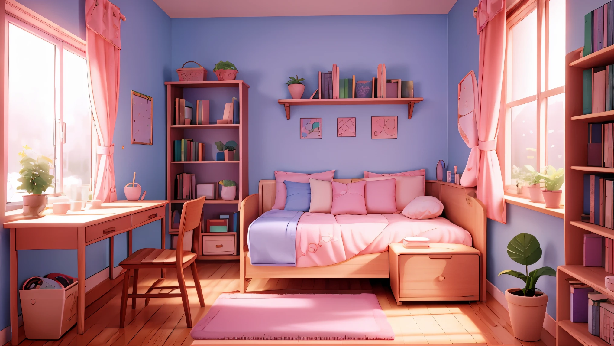 a beautiful detailed anime-style student bedroom, a cozy small bed, bookshelf, desk with laptop, window with curtains, potted plant, fairy lights, warm lighting, soft pastel colors, moe aesthetic, highly detailed, 4k, photorealistic, masterpiece