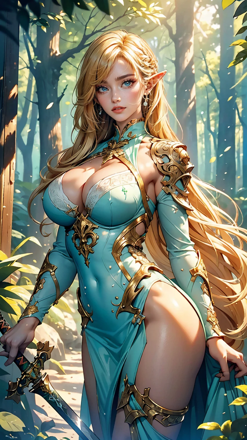 masterpiece, highest quality, Intricate details, Gorgeous blonde elven woman, (mint eye), Celestine Lucullus, Perfect Anatomy, Perfect Face:1.1), ((Huge breasts!!!!!!)),(Huge breasts!!!!), White one-piece uniform, Sharp focus, ((alone:1.4), (Full Body Shot), View your viewers, Ultra-high resolution, (One girl:1.4), Highly detailed illustration, Smooth, Extremely pixel perfect, Detailed Background, art：Wlop と Ross Tran, forest, Fascinating,Venus Body、Wields the legendary sword