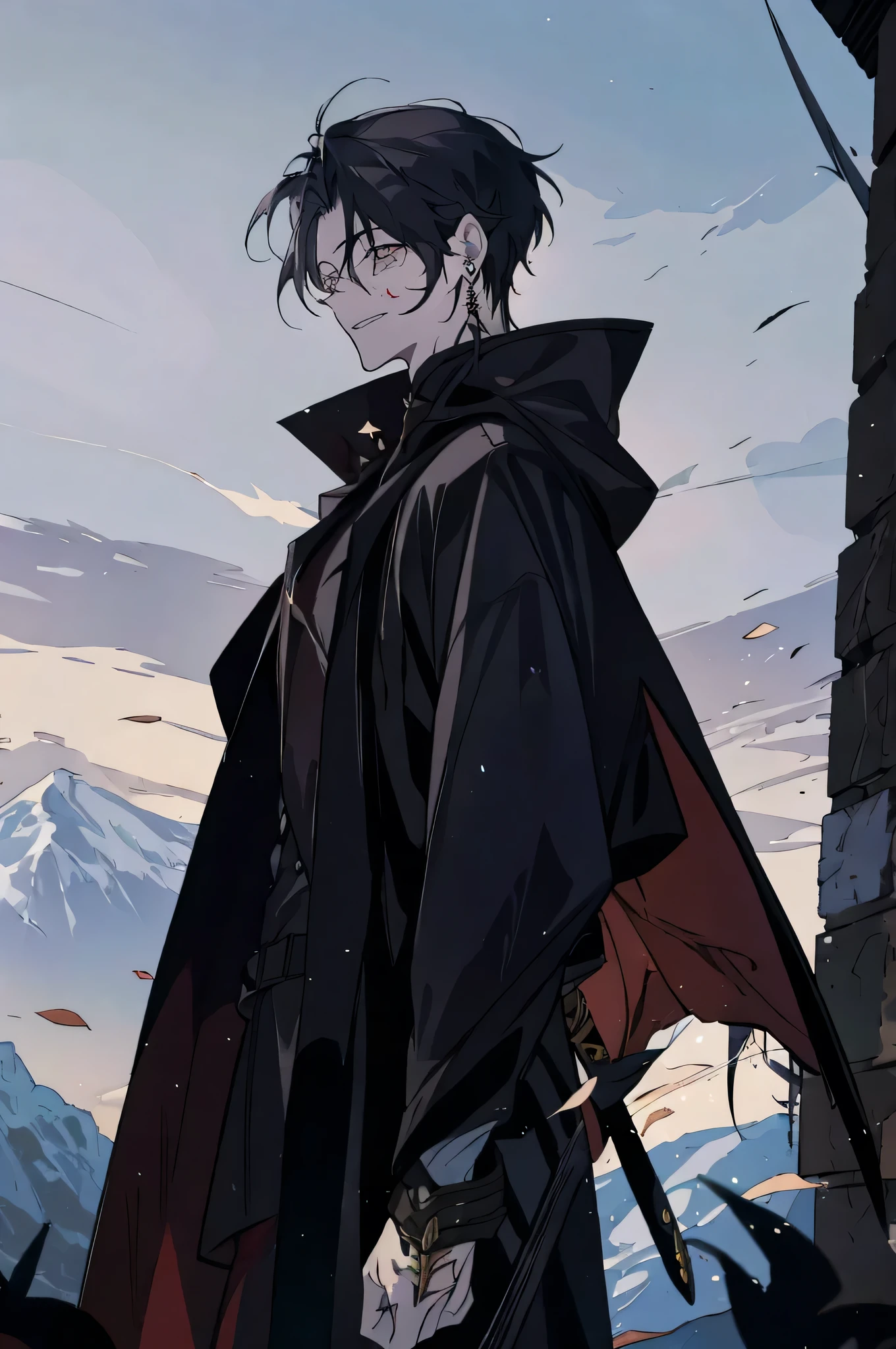 Elf ear,1 man,black hair, tall 174, villian smile face, black tattoo, earing, longhair, monk ,pointed ears