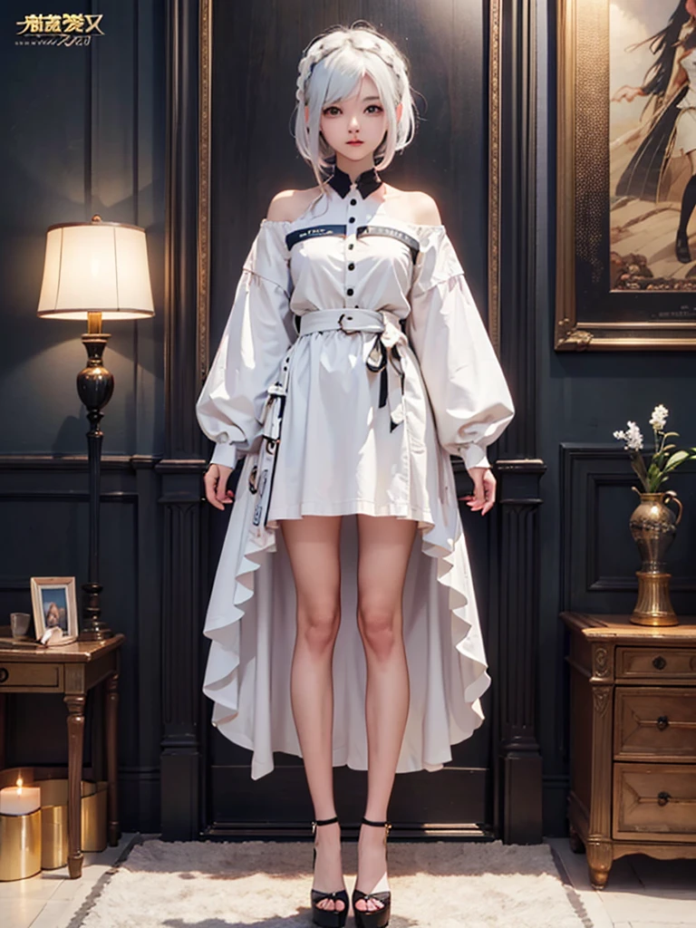 1girl,high-quality anime,highest quality、Masterpiece、Official Art、The best composition、Golden Ratio、Super detailed、ultra detailed, blue and white hair color、Short bangs above eyebrows、Short Hair、Standing in front of the viewer、Pure white simple background、up and down Oversized black and white jersey、vtuber-fullbody,