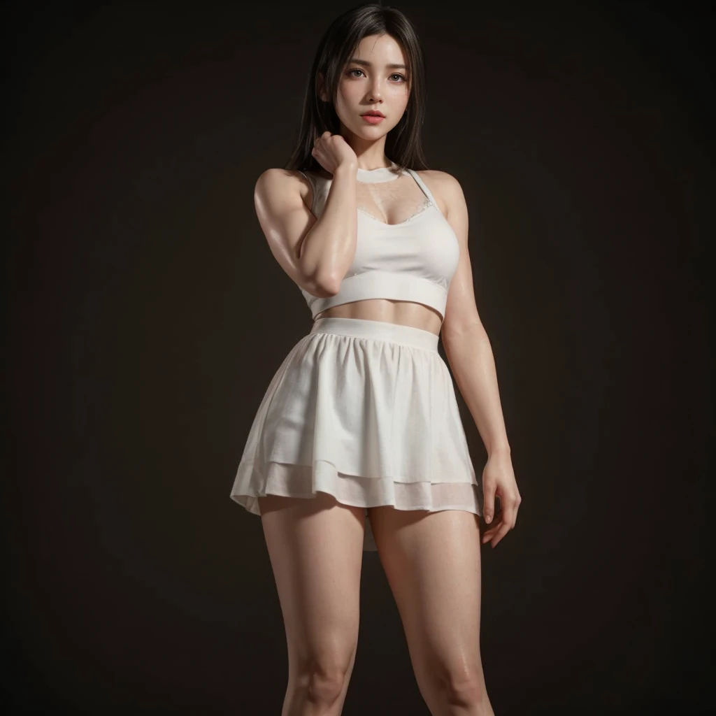 Tifa lockhart, (best quality,ultra-detailed,Realistic:1.37),beautiful detailed face,Perfect symmetry,perfectly shaped body,Perfect makeup,vivid colors,studio lighting