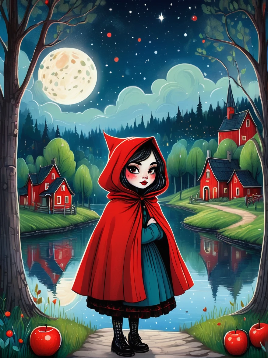 Cartoon hand drawn, 1girl, solo, Cute young charming little red riding hood girl,Strong Gothic makeup, A village by the lake with a birch forest and an apple orchard,Starry nights,Gloomy and foggy atmosphere,The cute absurdity、The attraction and rejection of extraordinary appearance,Magical naive art,Bright blue and green,The color palette is in red, orange and black tones and has a sketchy style, The background should have a simple hand-drawn doodle pattern, 1shxx1