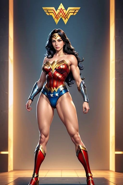 Natural Beauty,(Masterpiece),(Gina Carano),(Accurate Face Proportion),(Wonder Woman Tiara),(Low-cut Top)(Classic Wonder Outfit(red, blue, golden and silver)), Vibrant colour tone,(Full Body View Visible),(Athletic Physique),(Wide Hips),(Toned Arms and Legs), Regal Posture with Focus on Buttocks: Standing elegantly with one foot slightly in front of the other, the tight suit clings to Wonder Woman’s body, highlighting the curves of her hips and the shape of her buttocks. The suit's fit emphasizes her graceful yet powerful form, with the smooth lines accentuating her posture.