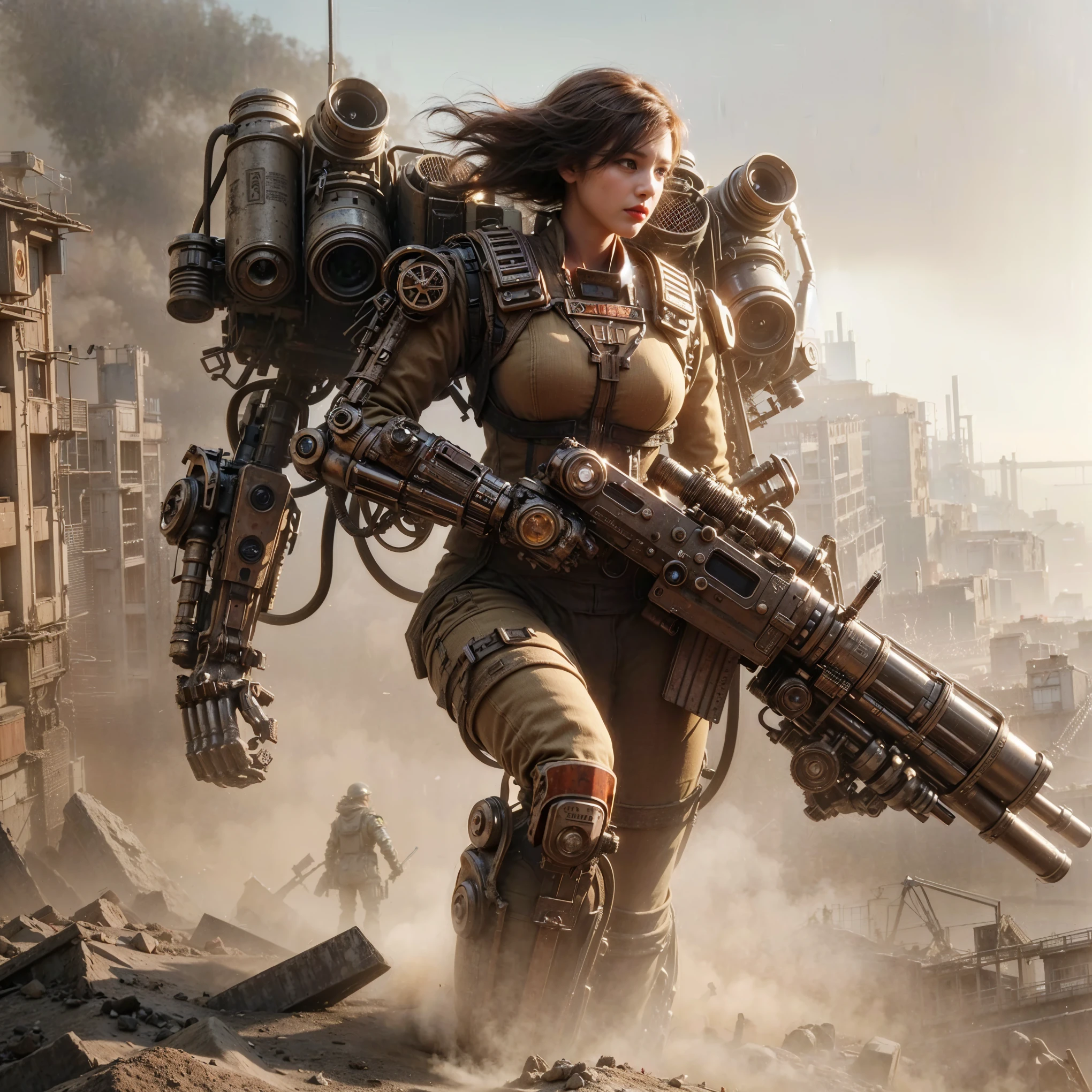 superrealism, ultra high res,8k,(Photorealsitic:1.4), (1950s-like mechanical suit:1.2), Collapsed Cities, heavy weapons,vivid textures,animal legs, gradation hair, Russian female soldier,(ultra beautiful face),((super realistic all textures)), ((super intricate all details)), full body shot, ultra sharp photo result, Olive Drab color, scratch, Rust, weathering, steampunk, taken with Fuji film X-T30+Nokton. HDR10,Minimum of 4 pieces created