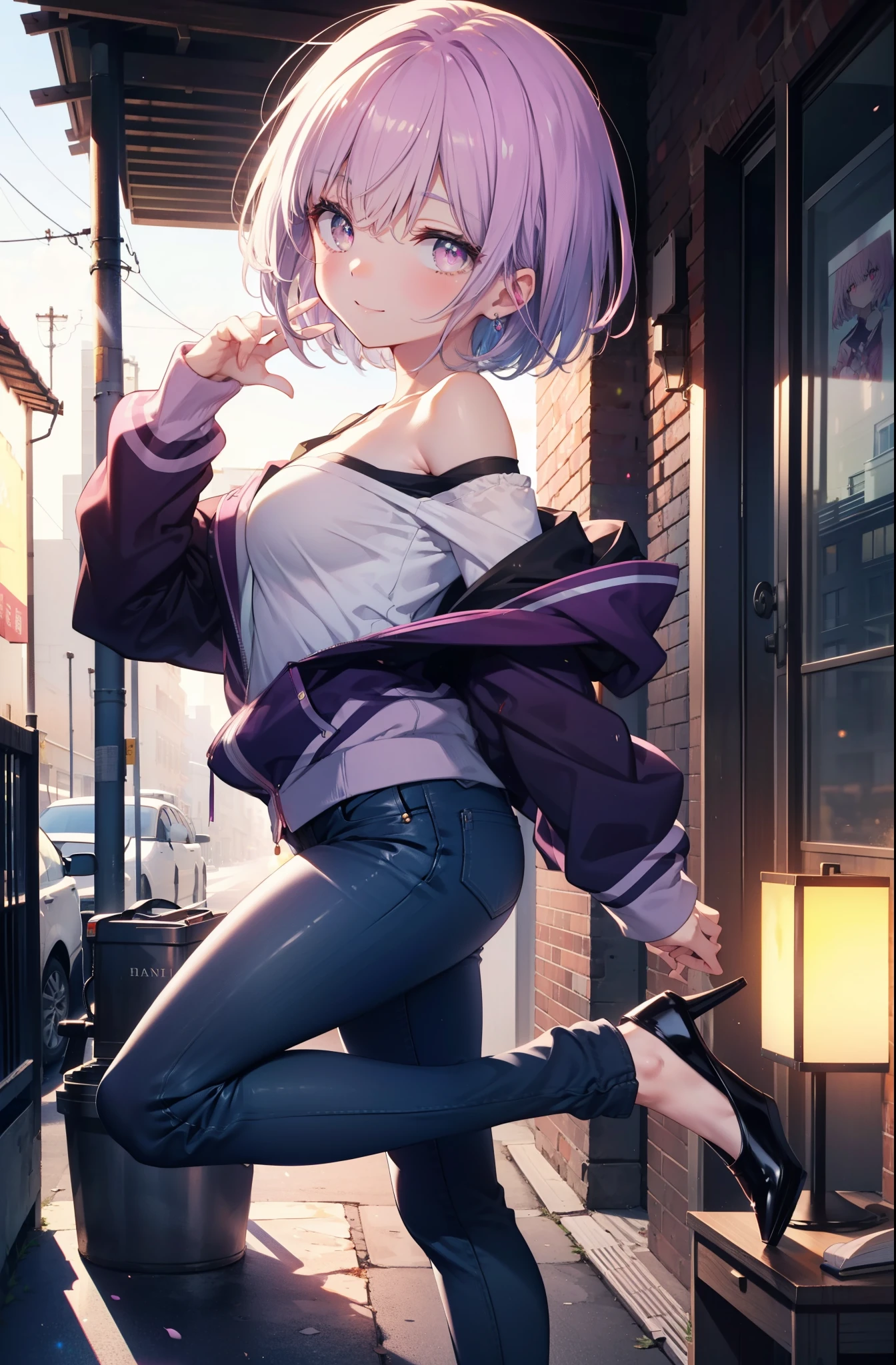 akaneshinjou, shinjou akane, Light purple hair, (Pink Eyes:1.2), short hair,hair band,Cold shoulder tops,skinny pants,Stiletto heels,walking,morning,morning陽,The sun is rising,whole bodyがイラストに入るように,happy smile, smile, Close your mouth,
 break looking at viewer,whole body,               　　　　　　　 break outdoors ,Residential Street, 　　　　　　　　　　　break (masterpiece:1.2), highest quality, High resolution, unity 8k wallpaper, (shape:0.8), (Beautiful and beautiful eyes:1.6), Highly detailed face, Perfect lighting, Extremely detailed CG, (Perfect hands, Perfect Anatomy),