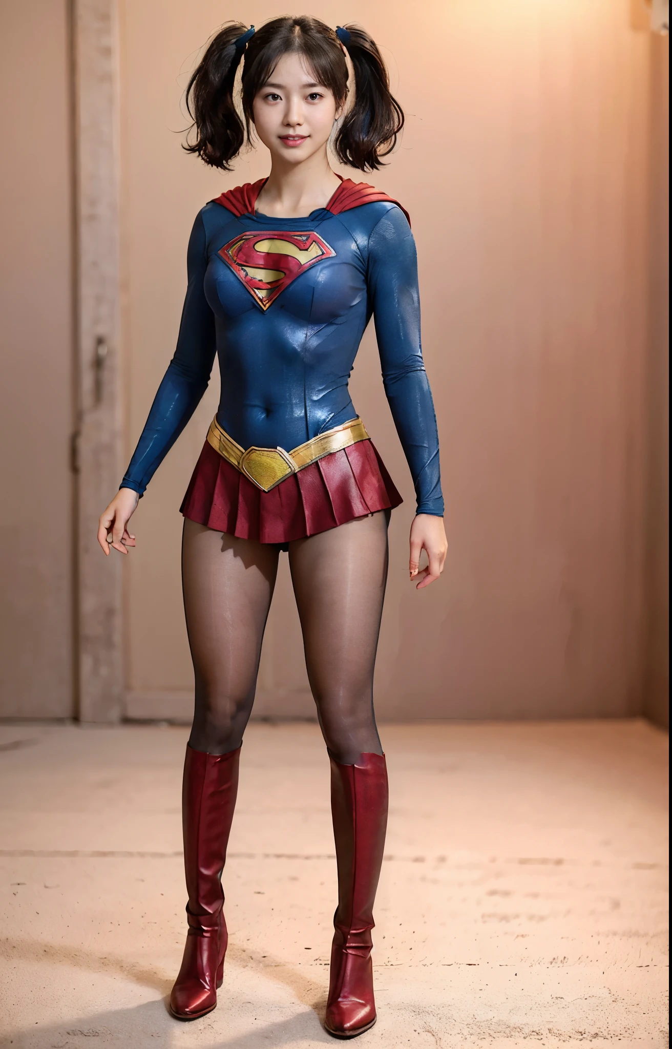 No background、(((Beautiful legs in black tights.)))、(((Legally express the beauty of your smile)))、((((Make the most of your original images)))、(((Body-hugging Supergirl costume)))、(((Supergirl Costume)))、(((Beautiful hair with twin tails)))、(((suffering)))、(((Please wear black tights....、Wear red boots)))、((Best image quality、8k))、((highest quality、8k、masterpiece:1.3))、(((Preserve background )))、Sharp focus:1.2、Beautiful woman with perfect figure:1.4、Slim Abs:1.2、Wet body:1.5、Highly detailed face and skin texture、8k