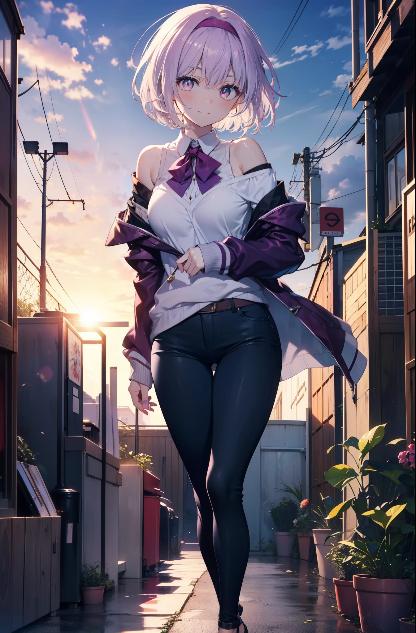 akaneshinjou, shinjou akane, Light purple hair, (Pink Eyes:1.2), short hair,hair band,Cold shoulder tops,skinny pants,Stiletto heels,walking,morning,morning陽,The sun is rising,whole bodyがイラストに入るように,happy smile, smile, Close your mouth,
break looking at viewer,whole body, break outdoors ,Residential Street, break (masterpiece:1.2), highest quality, High resolution, unity 8k wallpaper, (shape:0.8), (Beautiful and beautiful eyes:1.6), Highly detailed face, Perfect lighting, Extremely detailed CG, (Perfect hands, Perfect Anatomy),