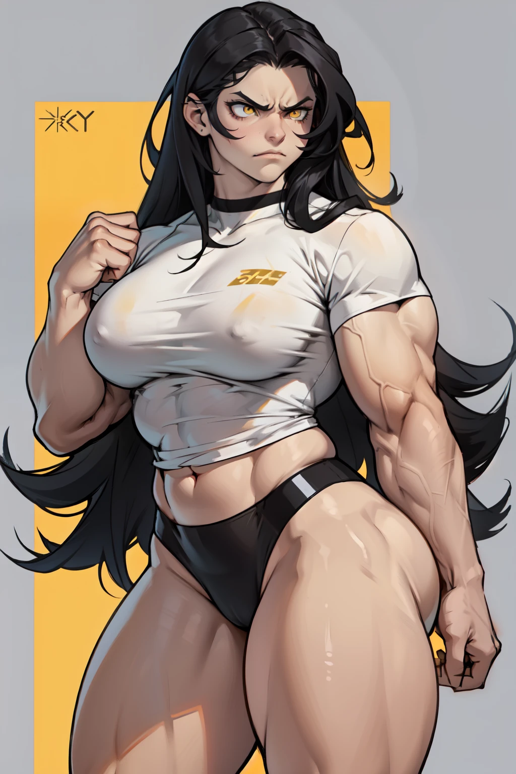 ((1girl)) pale skin large breasts (muscular) toned body thick thighs black hair yellow eyes (long hair grey background) bodybuilder angry tight shirt disappointed disgusted annoyed disdain