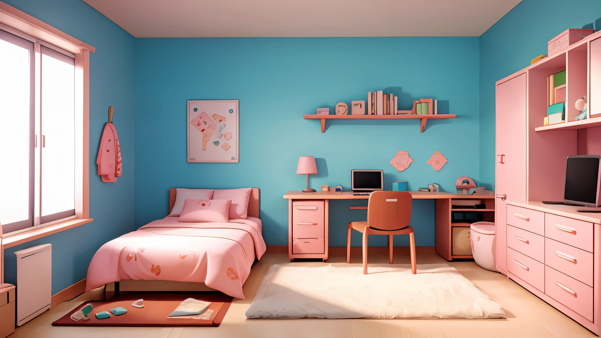 Anime-style cozy student bedroom with a small bed in the center