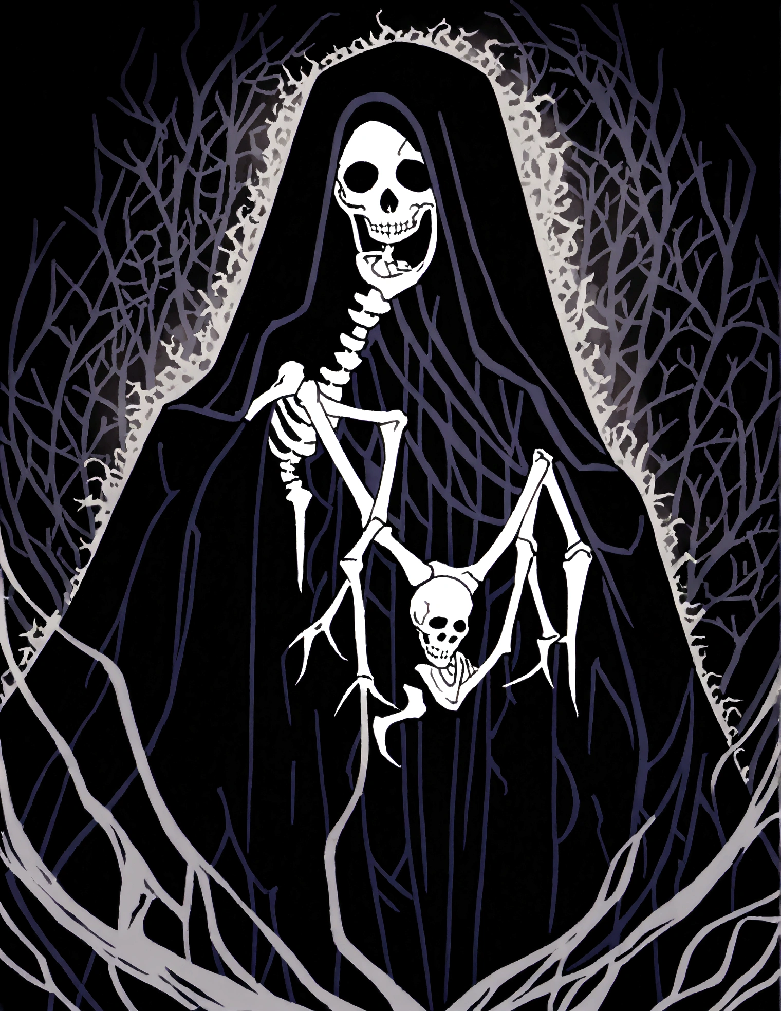 a black and white drawing of a person with a skeleton in a robe, dark illustration, dark art style, ((((occult art)))), eerie and grim art style, beautiful male god of death, by Andrei Kolkoutine, dark art, horror wallpaper aesthetic, highly detailed dark art, tragic wraith, reminded me of the grim reaper, spiritual eerie creepy picture