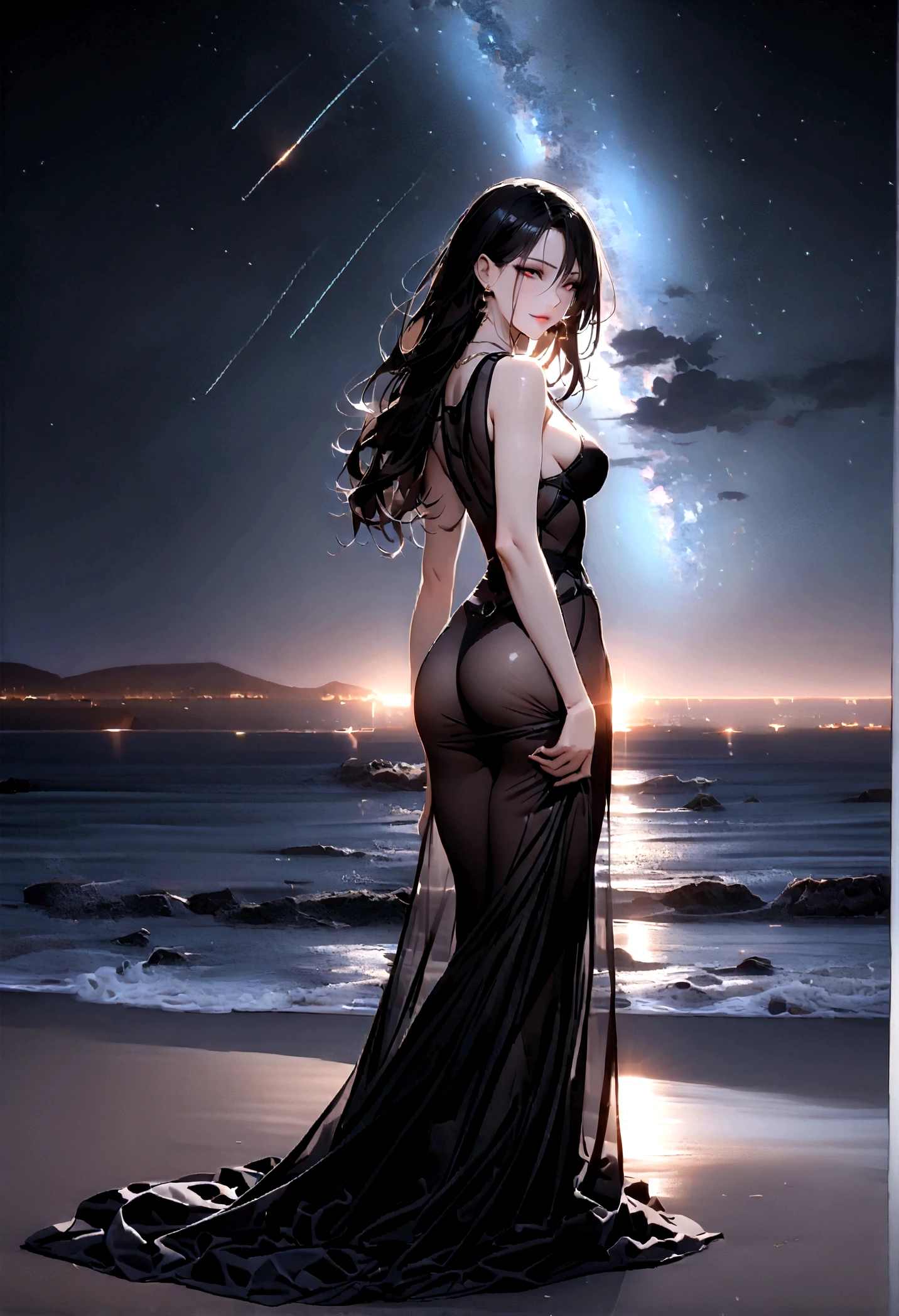 8k, masterpiece, RAW Photos, highest quality, Realistic, Very detailed, Depth of written boundary, Cinematic Light, Anatomically correct body,
One beautiful 40 year old woman, (Very beautiful face:1.1), (Exquisitely detailed face:1.1), (A seductive face:1.4), (Very delicate skin texture:1.1), Transparent muscle, Shiny white skin, Glamorous Body,
(Wavy black long hair:1.2), (Sexy Breasts:1.1), (Sexy ass:1.1),
(See-through beach long dress:1.2), (Detailed cloth texture:1.2), (Gorgeous necklace:1.1), (Gorgeous earrings:1.1),
(Dark starry background:1.4), (Milky Way:1.1), (milky way:1.1), (shooting star:1.1), (Dark coastline at night:1.4), (Pitch black sea surface:1.4),
(Standing on the beach:1.2),
(Beautiful back view:1.2),