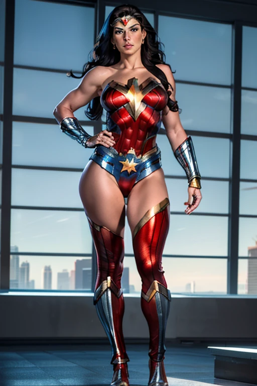 Natural Beauty,(Masterpiece),(Gina Carano),(Accurate Face Proportion),(Wonder Woman Tiara),(Low-cut Top)(Classic Wonder Outfit(red, blue, golden and silver)), Vibrant colour tone,(Full Body View Visible),(Athletic Physique),(Wide Hips),(Toned Arms and Legs), Regal Posture with Focus on Buttocks: Standing elegantly with one foot slightly in front of the other, the tight suit clings to Wonder Woman’s body, highlighting the curves of her hips and the shape of her buttocks. The suit's fit emphasizes her graceful yet powerful form, with the smooth lines accentuating her posture.