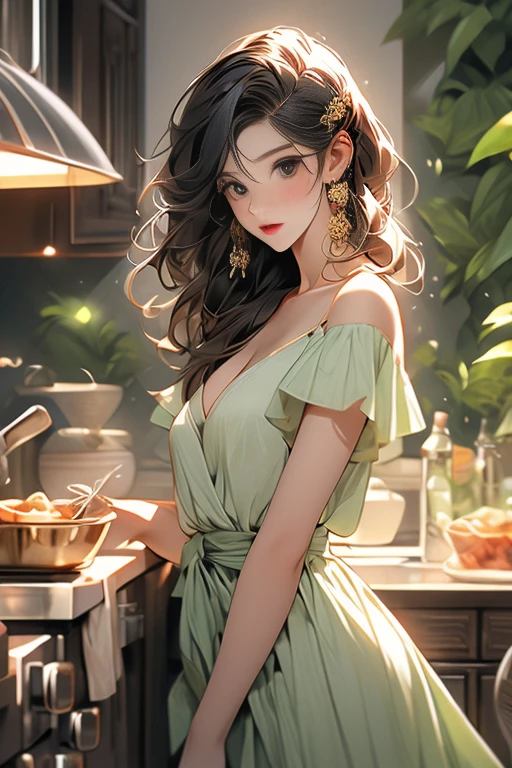 (small breasts:1.3), (perky chest:1.1), (pointed chest:1.0), (fashion magazine cover:1.3),(from below:1.0),(from side:0.9),masterpiece, 1girl, Amazing Cleavage:1.1, thin waist, big ass, Raised sexy, small breast: 1.3, posed cleavage:1.2、solo, looking at viewer, open mouth, have a cute grass of cute beergrass,black hair, dark green eyes, dress, bare shoulders, jewelry, collarbone, sidelocks, hairband, earrings, indoors, off shoulder, :o, sweater, arms behind back, plant, short hair with long locks, gild hairband, off-shoulder dress, sweater dress, off-shoulder sweater, red sweater, dark gord hair, big side hair, very long side hair,is rendered in (masterpiece: 1.2, best quality), with (ultra high resolution) and an exquisite (depth of field). This masterpiece is not only visually stunning but also tells,A scene of cooking in the kitchen by classroom
