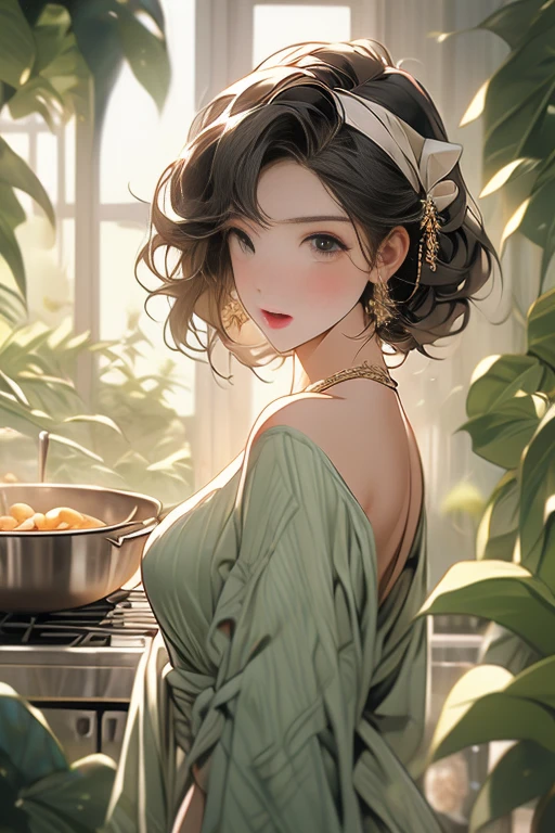 (small breasts:1.3), (perky chest:1.1), (pointed chest:1.0), (fashion magazine cover:1.3),(from below:1.0),(from side:0.9),masterpiece, 1girl, Amazing Cleavage:1.1, thin waist, big ass, Raised sexy, small breast: 1.3, posed cleavage:1.2、solo, looking at viewer, open mouth, have a cute grass of cute beergrass,black hair, dark green eyes, dress, bare shoulders, jewelry, collarbone, sidelocks, hairband, earrings, indoors, off shoulder, :o, sweater, arms behind back, plant, short hair with long locks, gild hairband, off-shoulder dress, sweater dress, off-shoulder sweater, red sweater, dark gord hair, big side hair, very long side hair,is rendered in (masterpiece: 1.2, best quality), with (ultra high resolution) and an exquisite (depth of field). This masterpiece is not only visually stunning but also tells,A scene of cooking in the kitchen by classroom