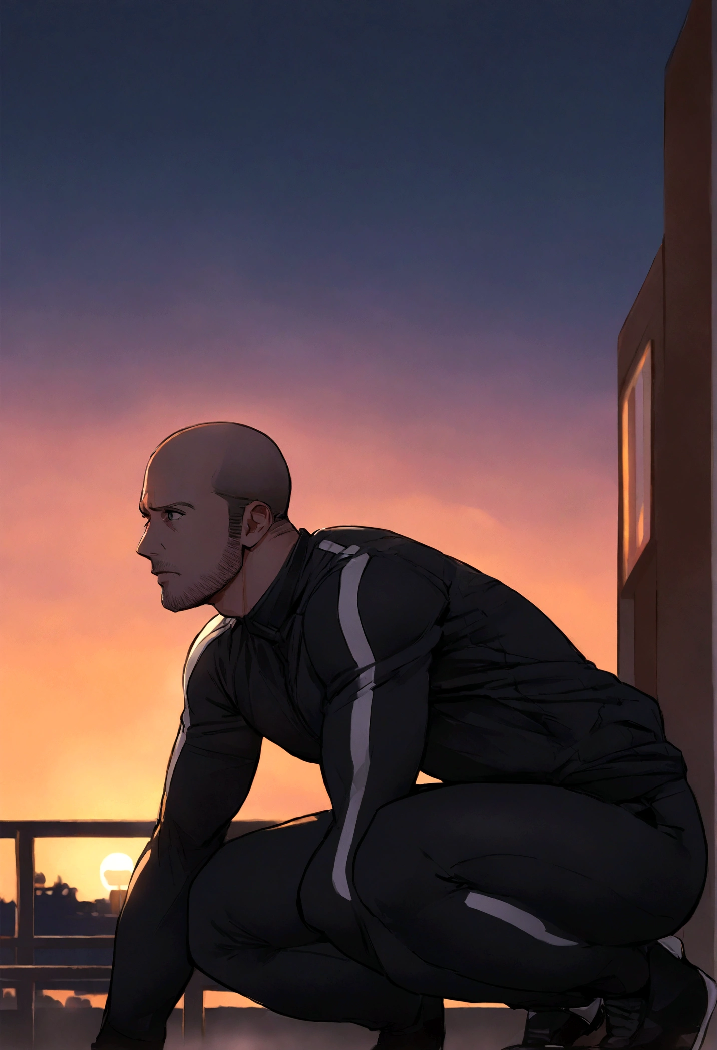 １Jason Statham、top quality、Highest image quality、Upper body, squats, sports suit, evening