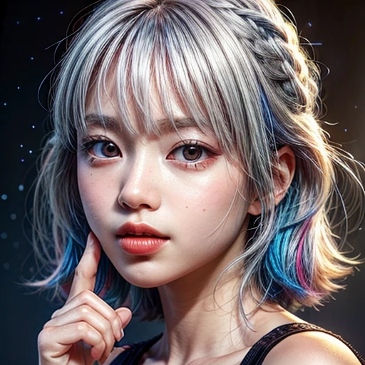 (highest quality,Super detailed,Physically Based Rendering:1.2), (RAW, Realistic, Photorealistic:1.37), (Acutance:0.85),Portraiture,Beautiful young woman with Delicate facial features,Soft lighting, ((Playfully licking finger with tongue, Gently placing a finger in the mouth)), (Close-up shot of sensual lips),Cheeks turn slightly red,A gentle and captivating gaze, cute BabyLike finger . Studio gray background, Light Particles, many blurred colorful Lights (dazzling bokeH) . BREAK . (((NOGIZAKA face variations)))  Extremely Detailed very KAWAII face variations, elaborate detailed Eyes with (sparkling highlights:1.2), (Voluminous long eyelashes:0.9)、Glossy RED Lips with beautiful details, Coquettish tongue, Rosy cheeks, Radiant PearlSkin with clear transparency, (Natural:0.7) Detailed FlawlessSkin with glowing DowneyHair . { (Dynamic LifeLike expressions:1.4) | :d) }, (large eyes:-1) . mouth_hold, { PureWhitehair | PinkHair | BlueHair | RedHair }, (solid hair color) , 