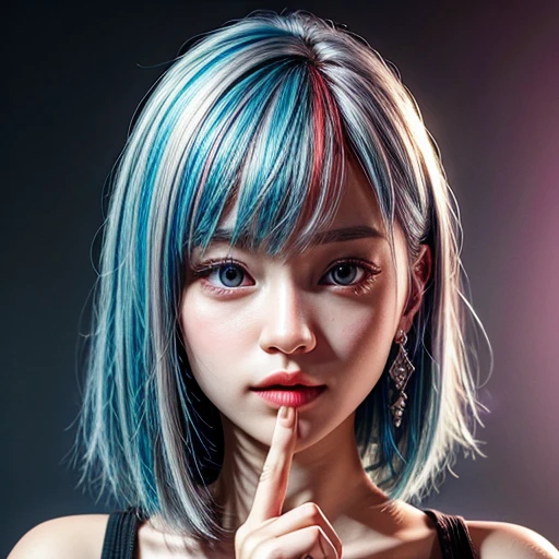 (highest quality,Super detailed,Physically Based Rendering:1.2), (RAW, Realistic, Photorealistic:1.37), (Acutance:0.85),Portraiture,Beautiful young woman with Delicate facial features,Soft lighting, ((Playfully licking finger with tongue, Gently placing a finger in the mouth)), (Close-up shot of sensual lips),Cheeks turn slightly red,A gentle and captivating gaze, cute BabyLike finger . Studio gray background, Light Particles, many blurred colorful Lights (dazzling bokeH) . BREAK . (((NOGIZAKA face variations)))  Extremely Detailed very KAWAII face variations, elaborate detailed Eyes with (sparkling highlights:1.2), (Voluminous long eyelashes:0.9)、Glossy RED Lips with beautiful details, Coquettish tongue, Rosy cheeks, Radiant PearlSkin with clear transparency, (Natural:0.7) Detailed FlawlessSkin with glowing DowneyHair . { (Dynamic LifeLike expressions:1.4) | :d) }, (large eyes:-1) . mouth_hold, { PureWhitehair | PinkHair | BlueHair | RedHair }, (solid hair color) , 